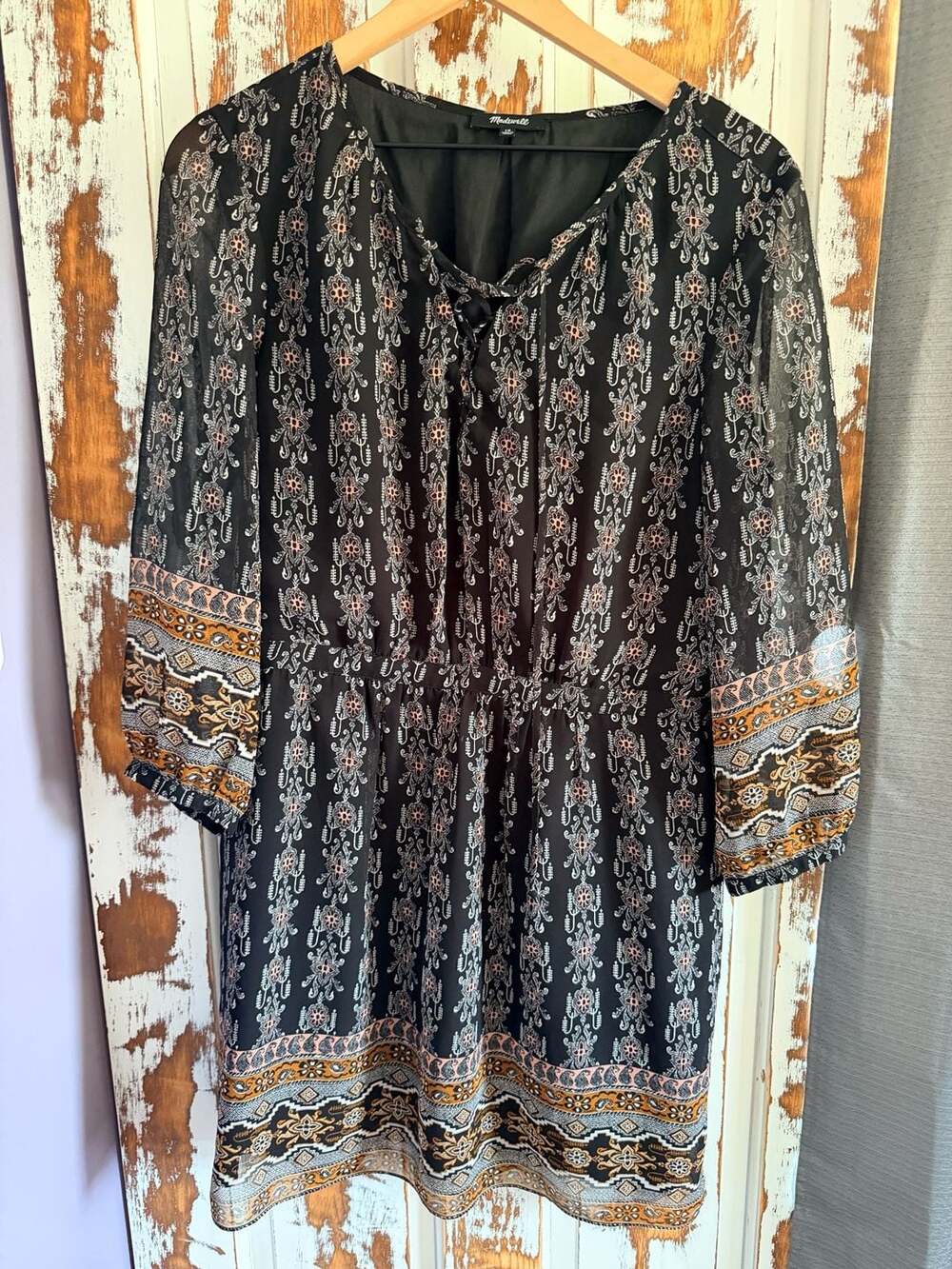 Madewell Long Sleeve Mini Dress Size 10 Boho Paisley Border Print Black Floral